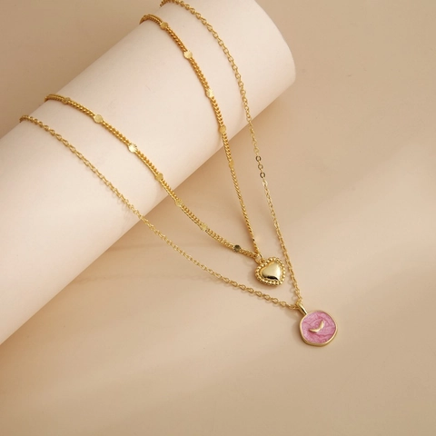Elegant Double Layer 18K Gold Plated Copper Heart Necklace For Women Drip Oil Round Star Moon Pendant Clavicle Chain