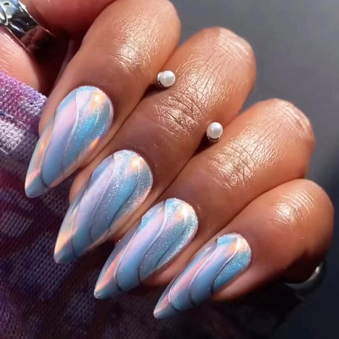 Unghie Finte Occhio Di Gatto Viola Sfumate Ondulate Texturizzate Forma Mandorla Manicure Artificiale Rimovibile Per Donne Elegante