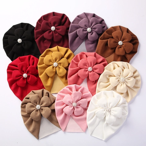 Baby Turban Hat Large Flower Artificial Pearl Faux Cashmere Beanie For Newborn Toddler Girls Warm Winter Indian Style Cap