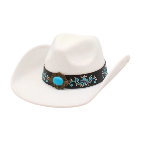 Western Cowboy Hat Retro Wool Felt Wide Brim With Ethnic Embroidered Band And Faux Turquoise Decorative Stone