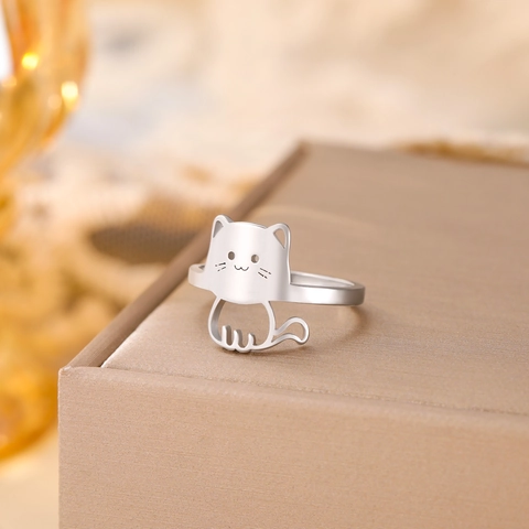 Cute Cat Stainless Steel Ring For Women Men Fashion Animal Shape Open Finger Ring Sweet Steel Gold Color Animal Jewelry Gift