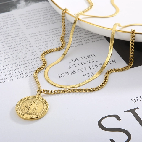 Collar De Doble Capa Acero Inoxidable Virgen María Religiosa Medalla Milagrosa Colgante Cadena De Serpiente Joyería Vintage Unisex