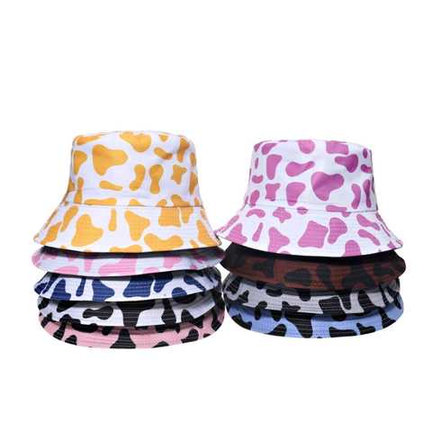 Bucket Hat Mit Kuhprint Wendbar Sonnenschutz Outdoor Mode Fischerhut Süß Flaches Top Polyester Damen