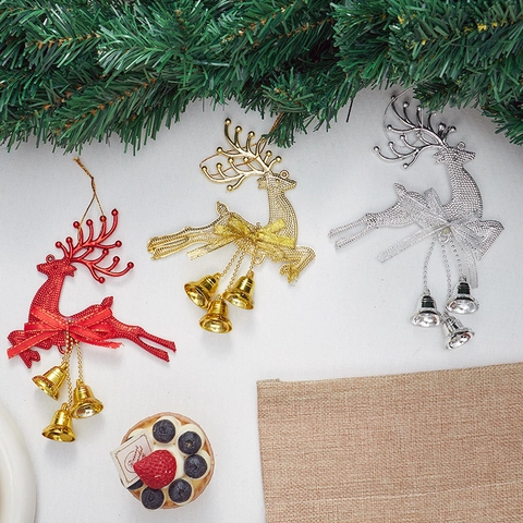 Ornamento Appeso Renna Di Natale In Plastica Galvanizzata Con Fiocco E Campanellini Decorazione Albero Festivo
