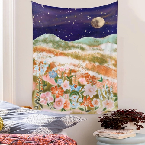 Arazzo Da Parete Illustrazione Poliestere Cielo Stellato Luna Montagna Motivo Floreale Per Decorazione Camera Letto Soggiorno