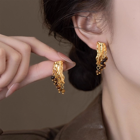 Retro Pleated Resin Tassel Earrings With Silver Earring Post Vintage Geometric Gold Plated Dangle Women