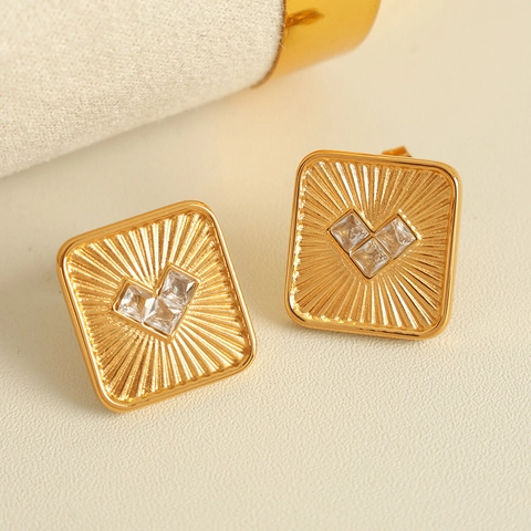 Korean Style Titanium Steel Square Heart Stud Earrings Vintage Minimalism Gold Plated Rhinestone Earrings For Women Jewelry