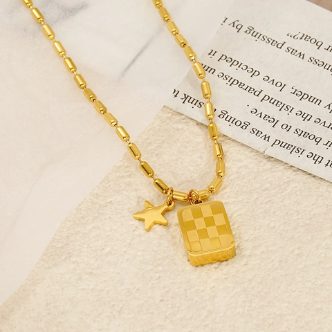 Checkerboard Square Pendant Necklace 18K Gold Plated Stainless Steel Star Charm Bamboo Bead Chain Chic Geometric Jewelry