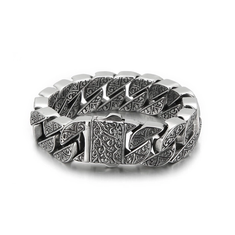 Bracciale Cuban Link Da Uomo Acciaio Inossidabile 316L Retro Motivo Totem Intagliato Gioielli Catena Robusta