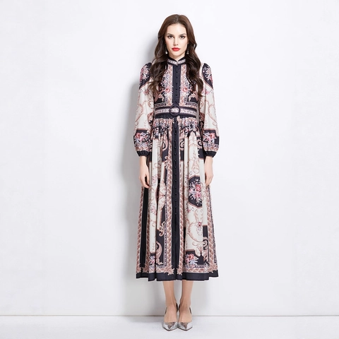Vintage Barok Print Maxi Jurk Polyester Opstaande Kraag Lange Mouwen Knoopsluiting Met Riem Elegant Voor Dames