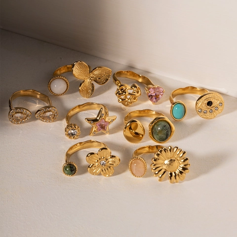 Vintage Edelstahl Ring Damen Verstellbar 18K Vergoldet Naturstein Zirkon Boho Vielseitiger Schmuck