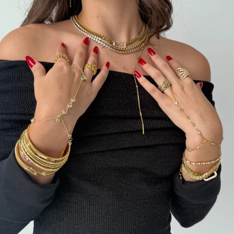 Stainless Steel Finger Bracelet For Women Gold Plated Rhinestone Artificial Pearl Hand Chain Slave Bracelet Jewelry Gift
