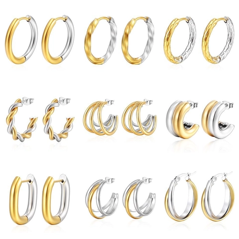 Women 18K Gold Plated Stainless Steel Hoop Earrings Two-Tone Geometric Twisted Ribbed Huggie Ear Jewelry Trendy Accessory
