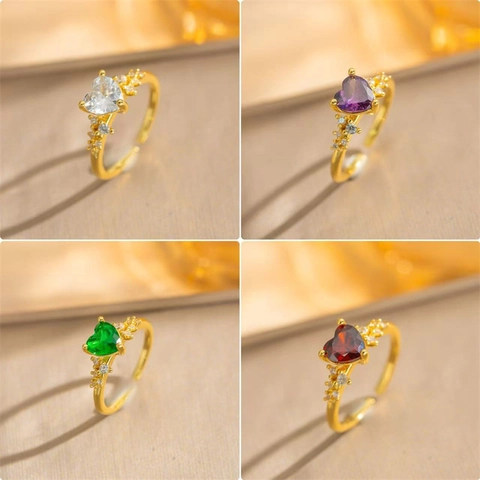 Heart Shaped Cubic Zirconia Ring Copper Gold Plated Adjustable Open Finger Ring Elegant Jewelry Gift For Women