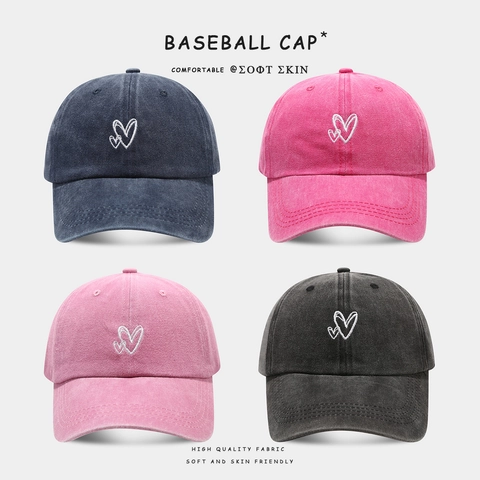 Washed Cotton Baseball Cap Heart Embroidery Soft Top Adjustable Sun Protection Outdoor Casual Hat For Men Women