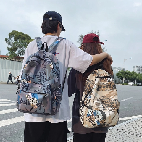 Trendy Graffiti Print Backpack For Men Women Large Capacity Nylon School Bag Street Style Casual Travel Rucksack