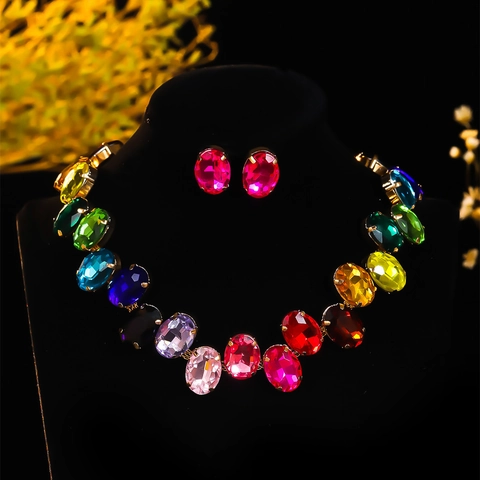 Luxurious Multi-color Rhinestone Jewelry Set Alloy Crystal Flower Necklace And Earrings For Women Wedding Party Jewelry