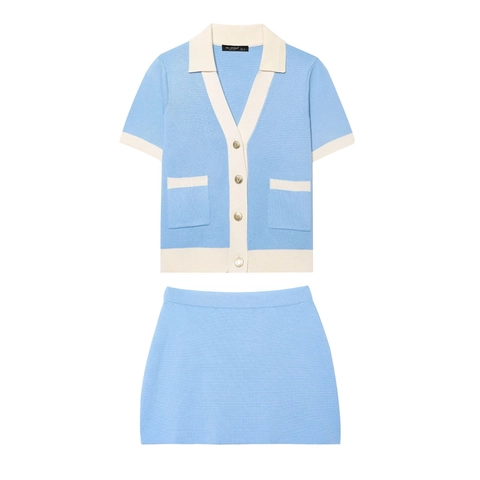 Dames Gebreid Vest Met Korte Mouwen V Hals En Minirok Color Block Lichtblauw Gebroken Wit Preppy Stijl