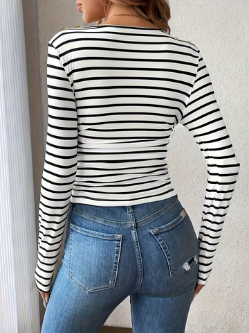 Maglietta A Righe Manica Lunga Da Donna Vestibilità Aderente Scollo A U Poliestere Spandex Streetwear Top Versatile