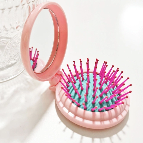 Portable Folding Hair Comb With Mirror Compact Pocket Hairbrush Travel Air Cushion Massage Brush Colorful Cartoon Pattern