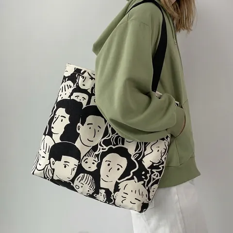 Aesthetic Canvas Tote Bag Large Capacity Zipper Closure Hand Drawn Illustration Double Sided Pattern Women Shoulder Shopping Bag