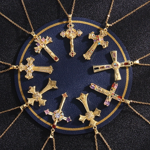 Collar Colgante Cruz Acero Inoxidable 316L Circón Colorido Impermeable Chapado En Oro Joyería Religiosa Vintage Hombres Mujeres