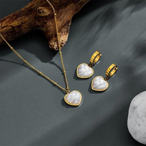 Heart Pendant Necklace And Earrings Vintage Gold Color Stainless Steel Mother Of Artificial Pearl Texture For Women