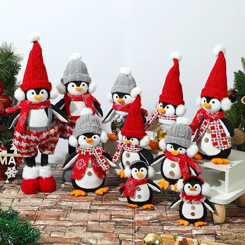 Pinguino Di Natale Peluche Ornamenti Luminoso LED Gambe Telescopiche Barattolo Caramelle Vacanze Inverno Arredo Maglia