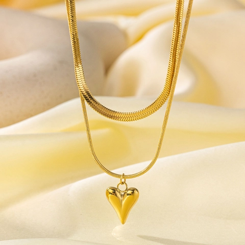 Double Layer Heart Pendant Necklace Stainless Steel Snake Blade Chain Minimalist Elegant Jewelry For Women