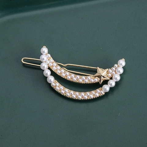Mond Stern Haarklammern Für Damen Gold Metall Sichel Seitenclip Mit Strass Und Künstlicher Künstliche Perle Haar Accessoires