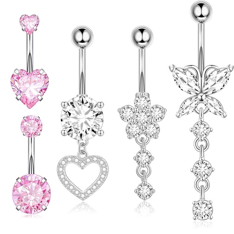 Heart Butterfly Flower Navel Rings Stainless Steel Copper Zirconia Inlaid Navel Piercing Jewelry For Women Body Decor