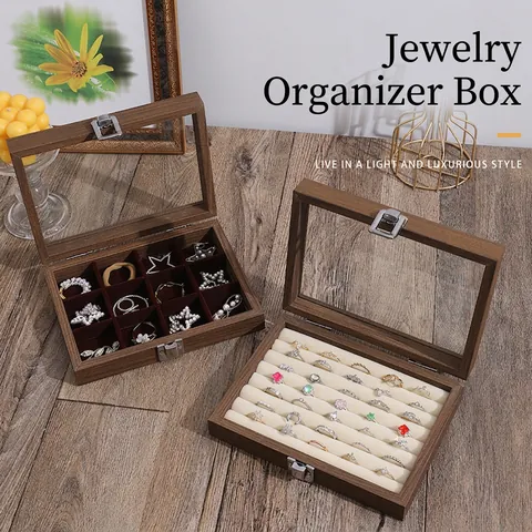 Wooden Jewelry Box Organizer Glass Lid Velvet Lining For Rings Earrings Necklaces Vintage Walnut Color Storage Case