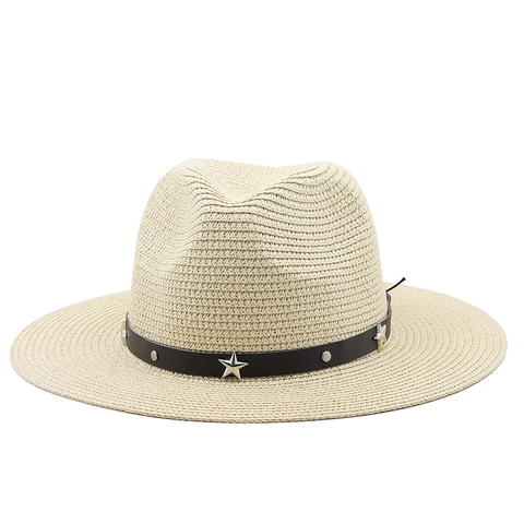 Sombrero De Paja Fedora Vaquero Ala Ancha Protección Solar Banda Cuero Remaches Estrella Vintage Unisex
