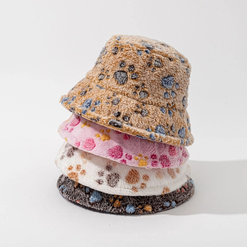 Chapeau Bob En Peluche D'hiver Avec Imprimés Pattes Mignonnes Chaud Chapeau De Pêcheur En Fausse Fourrure Pour Femmes Ajustable