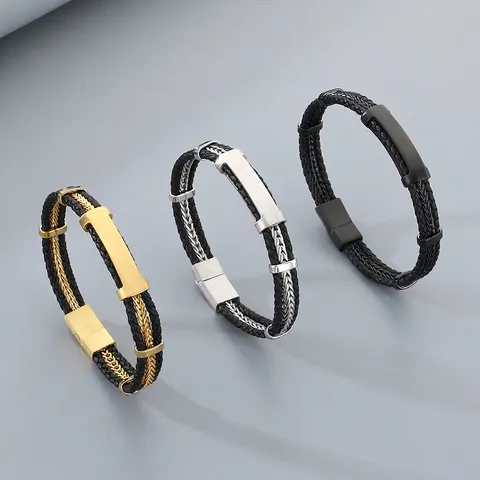 Pulsera Para Hombre De Cuero Genuino Trenzado Placa ID De Acero Inoxidable Multicapa Joyería Hip Hop Punk Con Cierre Magnético