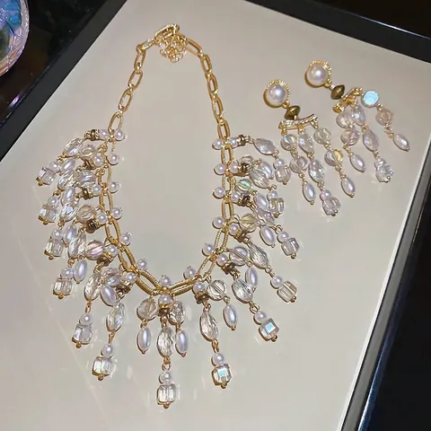 Gioielli Stile Palazzo Vintage Collana E Orecchini Nappa Perla Artificial Cristallo Con Perno In Argento Sterling 925 Lega Tono Oro