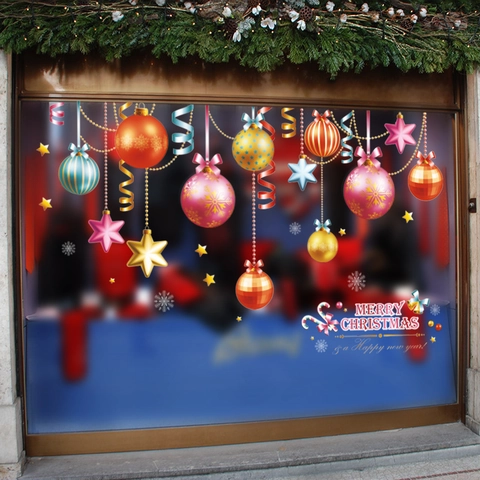 Pegatinas Ventana Navidad PVC Impermeable Festivo Papá Noel Bolas Coloridas Estrellas Vinilos Pared Decoración Hogar Tienda