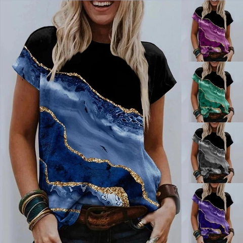 Damen Casual Marmor Print T-Shirt Rundhals Kurzarm Polyester Locker Top Mode Grafik Sommer Tee Für Damen