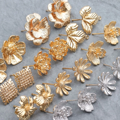 Flower Leaf Earring Posts 18K Gold Plated Copper DIY Jewelry Finding Components Handmade Accessories Antique Style