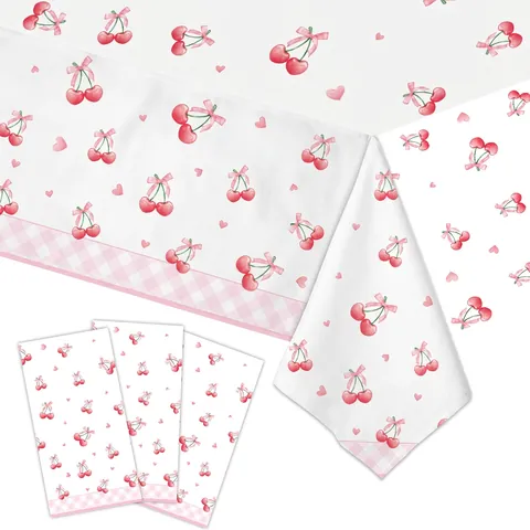 Wegwerpservies Met Kersen En Strikprint Tafelkleed Papieren Borden Bekers Servetten Bestek Verjaardagsfeest Roze Wit Ruitje Aquarel
