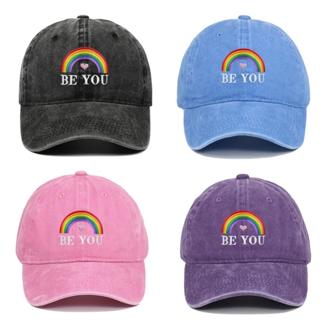 Casquette De Baseball En Coton Lavé Broderie Arc-En-Ciel Be You Rétro Réglable Pare-Soleil Casquette Pour Extérieur Quotidien