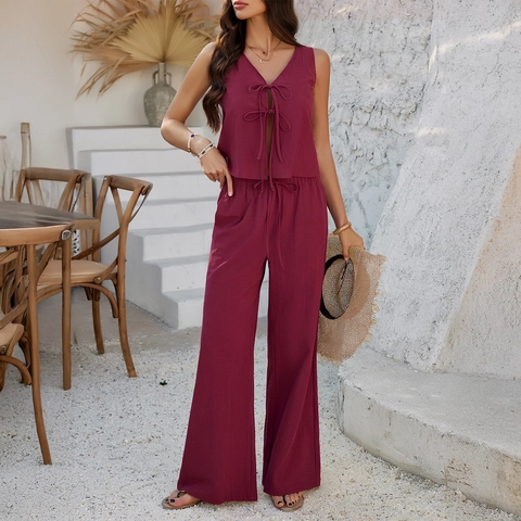 Women Cotton Sleeveless V Neck Tie Front Top And High Waist Wide Leg Long Pants Casual Summer Vacation Solid Color
