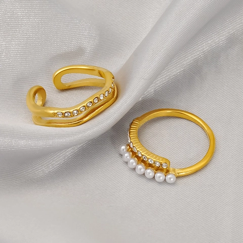 Edelstahl Ring Mit 18K Gold Beschichtung Künstliche Perle Und Strass Minimalistisch Geometrischer Schmuck Für Damen Mode