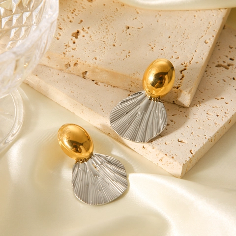 Orecchini Bicolore In Acciaio Inossidabile Oro E Argento Forma A Ventaglio Geometrico Texture Pieghettata Gioielli Donna