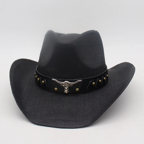 Vintage Western Cowboy Straw Hat Wide Brim Woven Sun Hat With Metal Bull Head Leather Band Rivets For Men Women