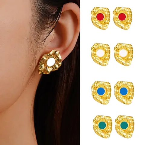 Vintage Irregular Heart Stud Earrings Stainless Steel Hammered Texture Colorful Enamel Geometric Jewelry For Women