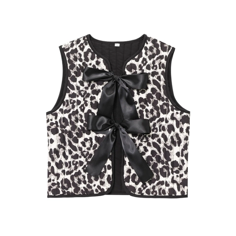 Leopard Print Quilted Vest Women Satin Bow Sleeveless Jacket Stand Collar Retro Casual Outerwear Polyester Zip Up Top