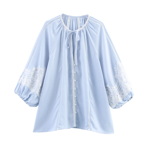 Blusa In Chiffon Celeste Da Donna Pizzo Romantico Francese Patchwork Maniche A Lanterna Top Con Fiocco E Bottoni Di Perla Artificial