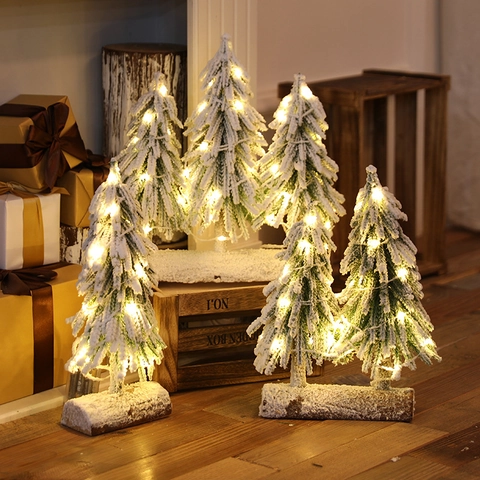 Mini Sapin De Noël Décoration De Bureau Avec Lumières LED Enneigé Arbre Artificiel PVC Et Base En Bois