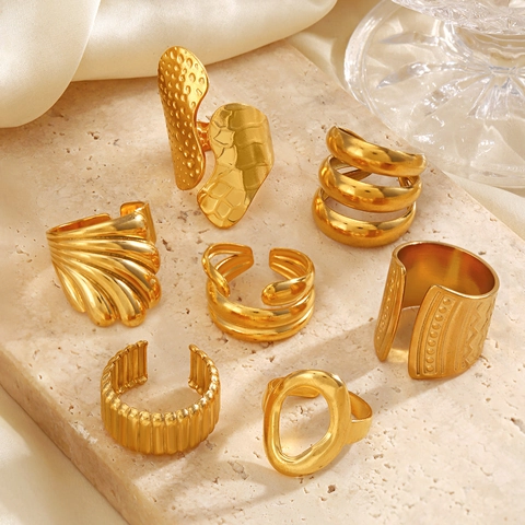 Geometric Open Rings Adjustable Stainless Steel Gold Plated Chunky Ribbed Hammered Fashion Jewelry For Women
